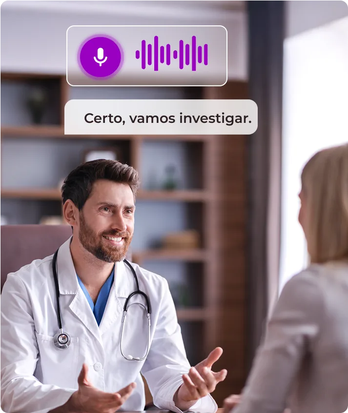 Médico em consulta usando transcrição por inteligência artificial do Agendart